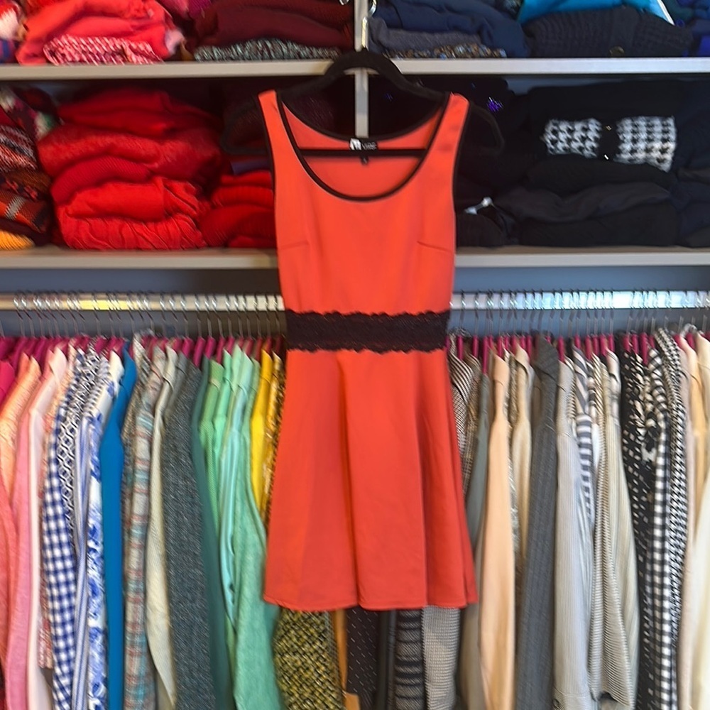 Vibe orangey red sleeveless black lace waistband dress size S